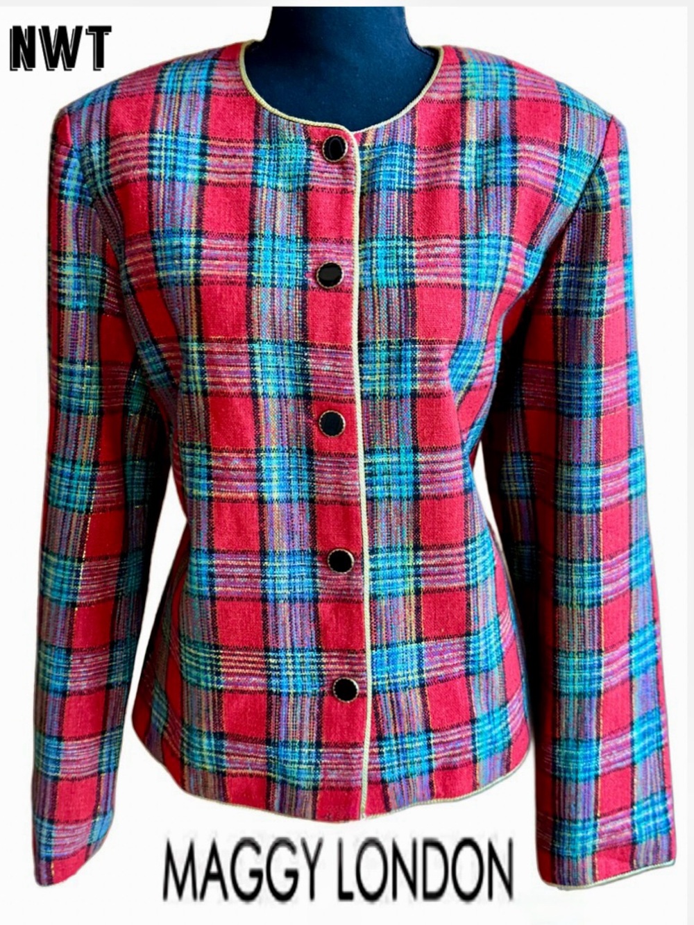NWT Maggy London Silk Tartan Plaid Lined Jacket (14)